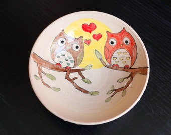 Cute Handpainted Owl Ceramic Ramen Bowl, Personalized Rustic Dinnerware