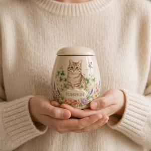 Puede incluir: Un tarro de cer&aacute;mica color crema con tapa, que presenta una ilustraci&oacute;n detallada de un gato atigrado marr&oacute;n rodeado de flores coloridas, vegetaci&oacute;n y una peque&ntilde;a mariposa. La palabra PUMPKIN est&aacute; impresa en una fuente decorativa al frente.