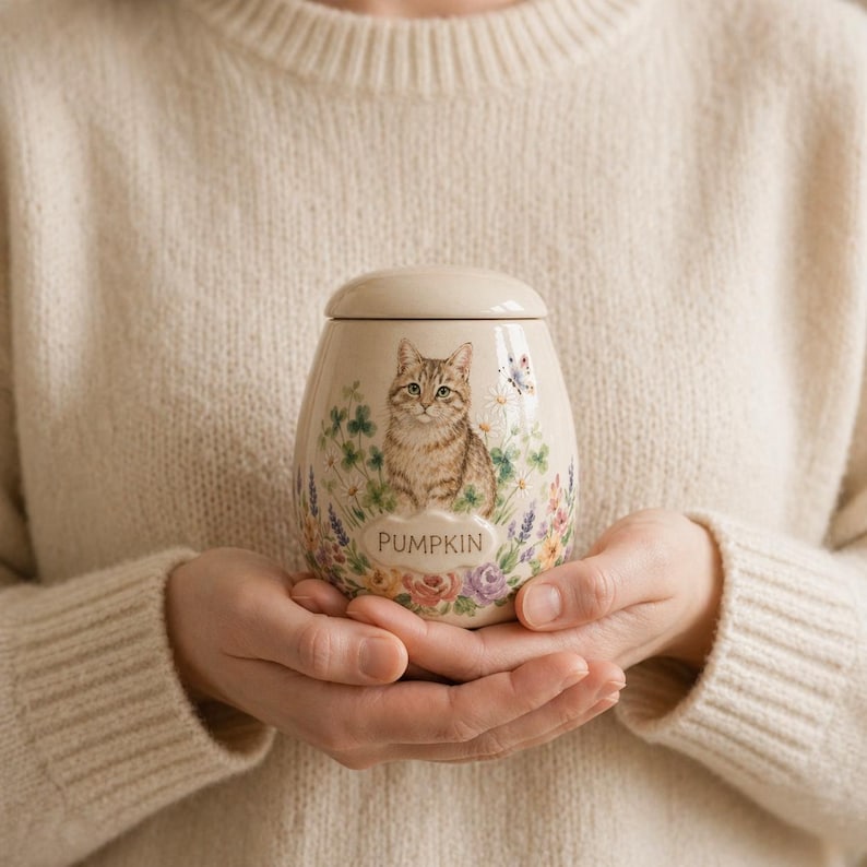 Puede incluir: Un tarro de cer&aacute;mica color crema con tapa, que presenta una ilustraci&oacute;n detallada de un gato atigrado marr&oacute;n rodeado de flores coloridas, vegetaci&oacute;n y una peque&ntilde;a mariposa. La palabra PUMPKIN est&aacute; impresa en una fuente decorativa al frente.