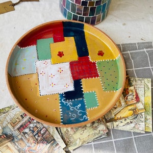 Handmade Ceramic Plate – Colorful Patchwork Design with Stitched Details, Rustic Pottery Dish for Modern Tableware