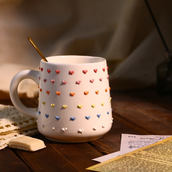 Adorable Rainbow Heart Handmade Ceramic Mugs to Brighten Your Day, Personalized Soft-Hued Pottery Mug for Heartwarming Moments