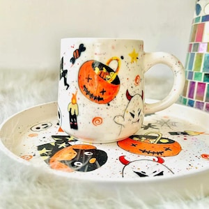 手作りハロウィンセラミックマグセット – 不気味なカボチャ、ゴースト柄のドリンクウェア