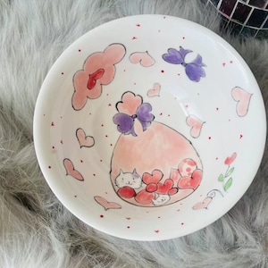 Adorable Hand-Painted Cat and Heart Ceramic Bowl – Whimsical and Fun Pottery Bowl for Home Decor