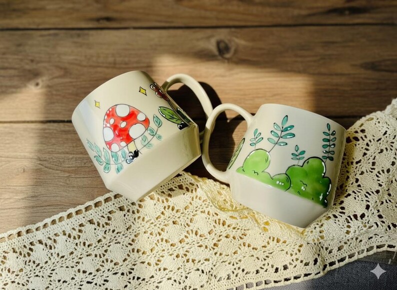 Unique Ceramic Mug – Whimsical Hand-Painted Nature Themes – Customizable Mug with Mushroom and Leaves Designs image 2