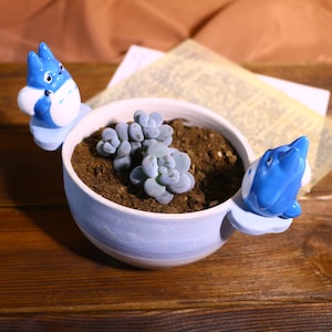 Puede incluir: Una maceta de cerámica azul y blanca con dos figuritas de animales de dibujos animados azules y blancas unidas a los lados. La maceta está llena de tierra marrón y una pequeña planta suculenta.