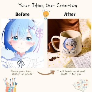 以下が含まれることがあります： 青い髪と白いドレスを着たアニメキャラクターが手描きされた白いセラミック製のマグカップ。マグカップは、周りにコーヒー豆が散らばった茶色の表面の上に置かれています。画像の上部には「Your Idea, Our Creation」というテキストがあります。画像の左側には「Before」というテキストがあり、画像の右側には「After」というテキストがあります。画像の下の左側には「Share your idea, sketch or photo」というテキストがあり、画像の下の右側には「I will hand-paint and craft it for you」というテキストがあります。