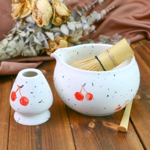Hand-Painted Ceramic Matcha Tea Bowl Set – Elegant Matcha Chawan with Cherry - Inspired Design, Perfect for Tea Rituals & Home Decor