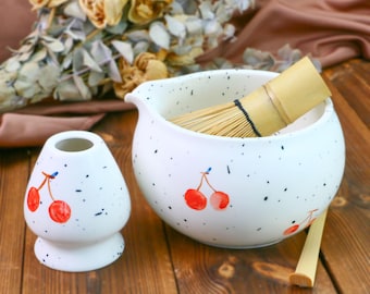 Hand-Painted Ceramic Matcha Tea Bowl Set – Elegant Matcha Chawan with Cherry - Inspired Design, Perfect for Tea Rituals & Home Decor
