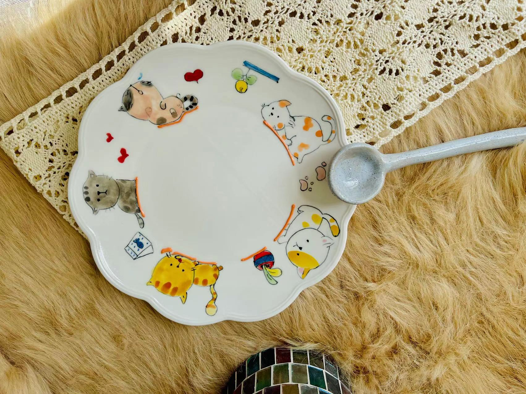 Handcrafted Ceramic Plate - Scalloped Edge with Cute Cats