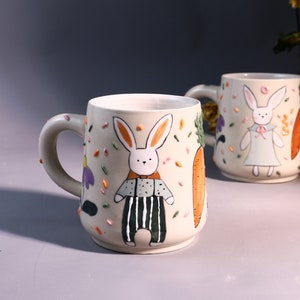 Hand-Painted Bunny Ceramic Mug - Cute and Playful Design, Personalized Tea Cup for Animal Lovers