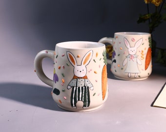 Hand-Painted Bunny Ceramic Mug - Cute and Playful Design, Personalized Tea Cup for Animal Lovers