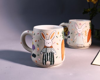 Kawaii Rabbit Ceramic Coffee Mugs, Personalized Pottery Mug for Coffee Lovers, Custom Handmade Flower Mug with Home Decor