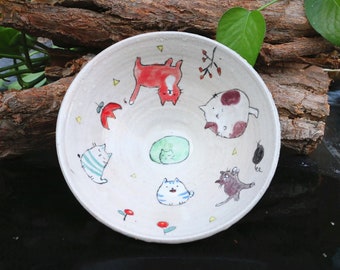 Cute Handpainted Cat Ceramic Ramen Bowl, Personalized Rustic Dinnerware