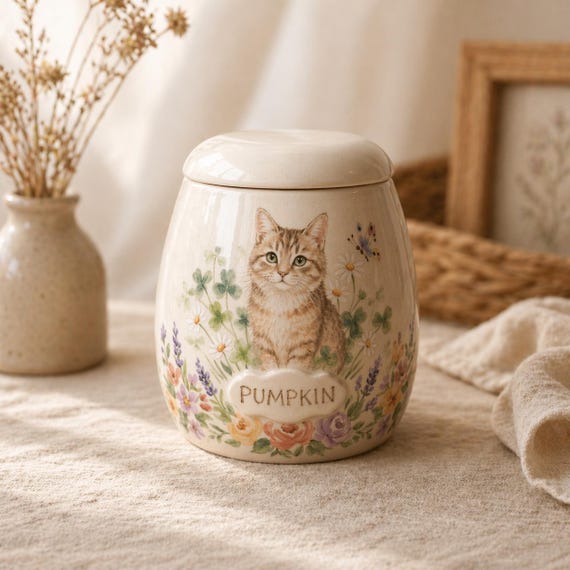 Custom Cat Portrait Ceramic Urn – Handmade Pet Ashes Keepsake – Hand-Painted Memorial Urn for Beloved Pet