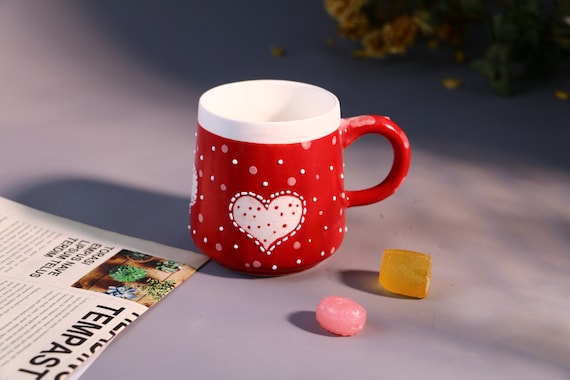 Valentine’s Day Heart Mug – Handcrafted Red with Polka Dots Design Ceramic Cup, Romantic Gift for Coffee & Tea Lovers