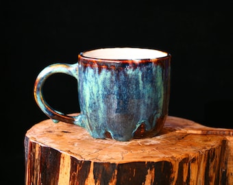 Handcrafted Ceramic Mug - Unique Blue and Green Drip Glaze Design - Artistic Coffee Mug - Gift for Coffee Enthusiasts