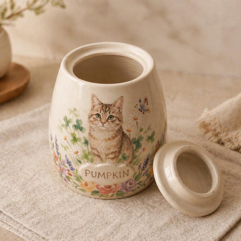 Puede incluir: Un tarro de cer&aacute;mica color crema con tapa extra&iacute;ble, que presenta un gato atigrado marr&oacute;n pintado rodeado de flores silvestres coloridas y mariposas. La palabra PUMPKIN est&aacute; impresa en un marco ovalado decorativo bajo la ilustraci&oacute;n.