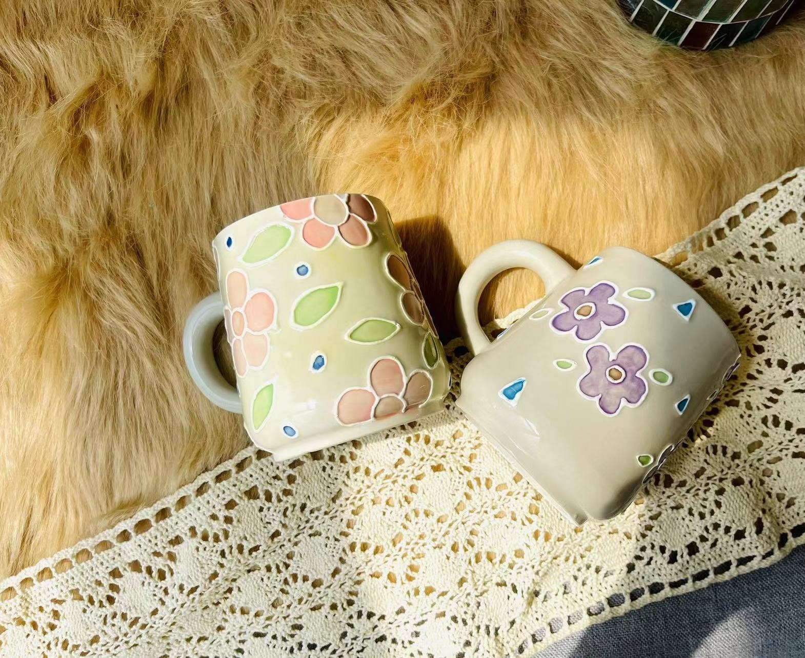 Tazza in ceramica fatta a mano – Tazza in ceramica dipinta a mano con motivi floreali pastello per caffè e tè