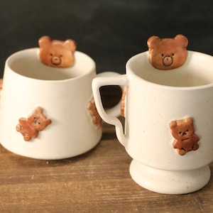 Kawaii Bear Handmade Ceramic Mugs to Brighten Your Day, Personalized Soft-Hued Pottery Mug for Heartwarming Moments