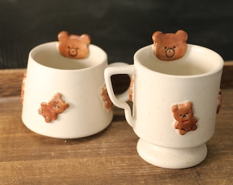 Kawaii Bear Handmade Ceramic Mugs to Brighten Your Day, Personalized Soft-Hued Pottery Mug for Heartwarming Moments