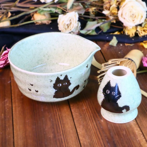 手描きの猫の抹茶碗セット：陶器の日本茶ギフト - Etsy 日本