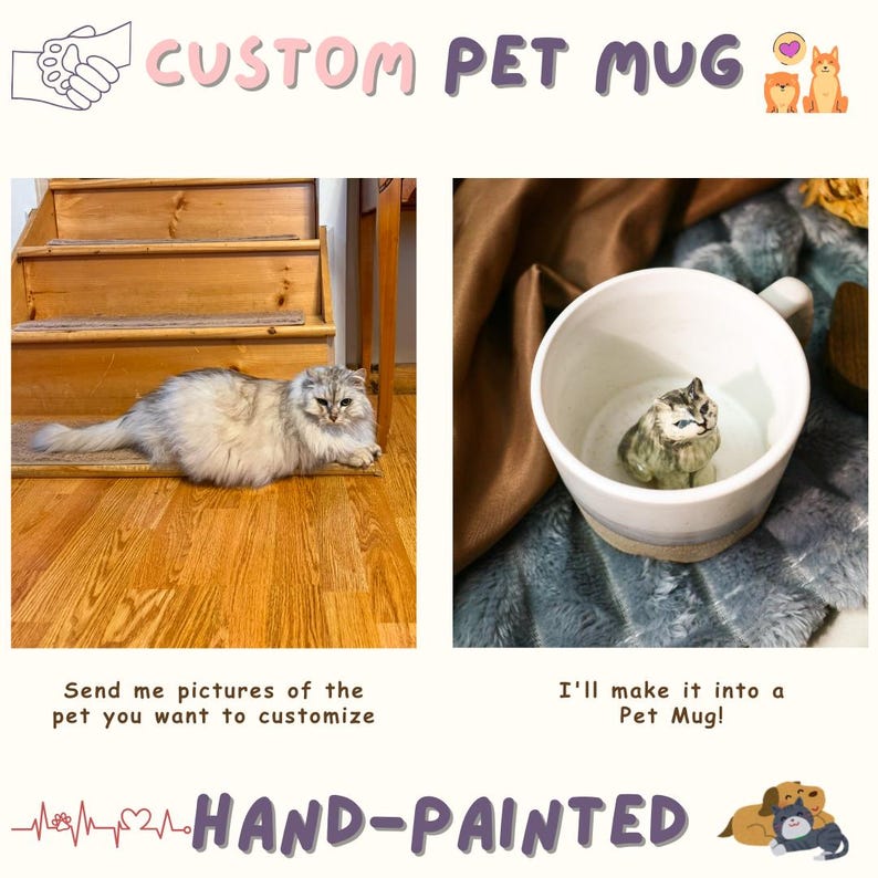May include: A white ceramic mug with a hand-painted cat figurine inside. The mug has a grey band around the base. The image also shows a fluffy grey cat and the text "CUSTOM PET MUG" and "HAND-PAINTED".
