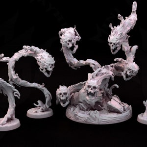 May include: A set of seven miniature skeletal figures with glowing, ethereal flames. The figures are made of a light grey plastic and are posed in various dynamic positions. The figures are designed for tabletop gaming or as decorative pieces.