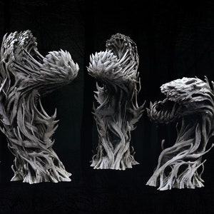 以下が含まれることがあります： 表面がテクスチャ加工された、3Dプリントされた6つの灰色の有機的な形の彫刻。彫刻は一列に並べられており、ねじれた枝やつるに似ています。彫刻の上に「NIGHTMARE FUEL」というテキストが表示されています。