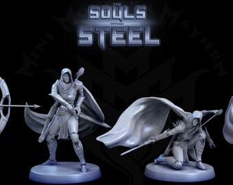 May include: Four grey plastic miniature figures of hooded archers with bows and arrows. The figures are posed in various action stances. The figures are on round bases. The figures are from the game "The Souls of Steel".
