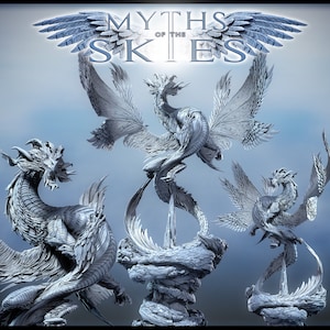 May include: Three detailed, white, sculpted dragon figures with wings. The dragons are posed in different positions, with one standing on a rock base. The text "MYTHS OF THE SKIES" is at the top of the image.