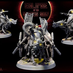 May include: Three grey 3D printed miniatures of a large, round, human-like figure riding a multi-legged creature with a long tail. The figure is wearing a robe and holding a sword. The creature has glowing eyes. The miniatures are on circular bases. The text "ECLIPSE OF THE RISING SUN" is visible in the background.