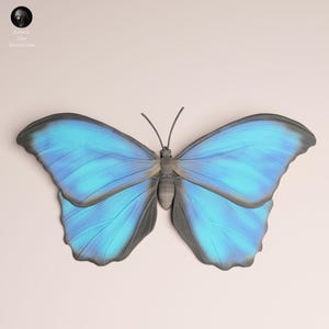Puede incluir: Una escultura detallada de una mariposa con alas azul brillante, bordeadas en gris oscuro. El cuerpo de la mariposa es de un gris apagado, y las antenas son finas y oscuras. Las alas muestran un patrón de venas, lo que añade a la apariencia realista.