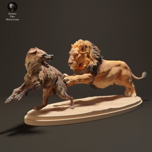 African Lion Hunting Hyena 1/24 Scale Realistic Animal Model | Decorative Display Piece | Beast Companion Figurine | Animal Den Miniatures