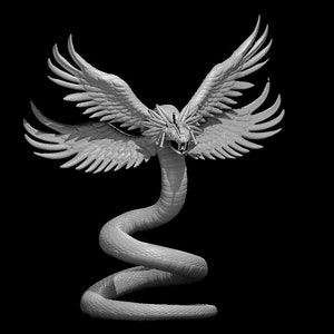 May include: A gray sculpture of a winged serpent against a black background. The serpent has a detailed, scaled body that coils upwards. Its head features an open mouth and feathered wings extend from its back, creating a dramatic pose. The sculpture is a detailed representation of a mythical creature.