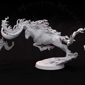 May include: Three miniature figurines of fire elementals, each depicting a horse-like creature with flames for a mane and tail. The figures are posed in mid-leap, with the largest figure in the centre and the two smaller figures on either side.