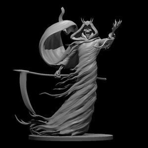 May include: A gray, skeletal figure in a flowing robe, holding a scythe. The figure has a skull-like face with a crown and appears to be in a dramatic pose.