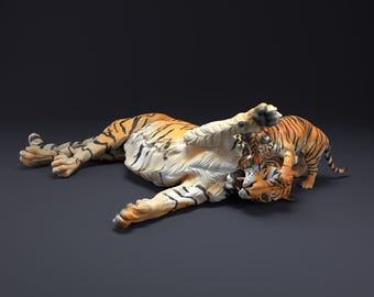 Bengal Tiger Cub Playing 1/24 Scale Realistic Animal Model 3D Printed | Decorative Display Piece | Beast Companion Figurine | Animal Den