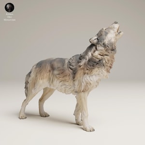 May include: A detailed figurine of a howling wolf, with a light gray and beige color scheme. The wolf is depicted in a dynamic pose, with its head raised and mouth open. The figurine is a miniature sculpture, likely made of resin or a similar material.