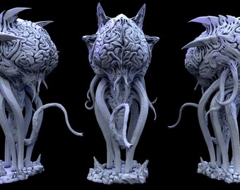 May include: A 3D printed model of a brain-like creature with multiple tentacles and sharp spikes. The model is painted in a light gray color and is posed in three different views.