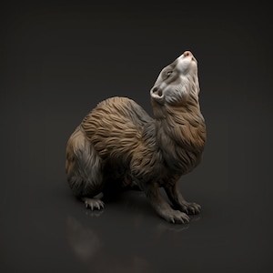May include: A brown and gray ferret figurine with a white patch on its face, looking up with its mouth open. The figurine is posed on a black surface.
