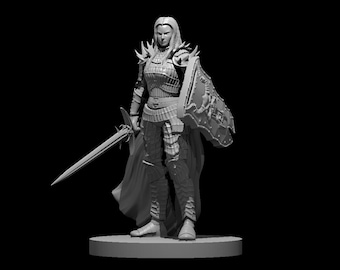 May include: A gray, detailed miniature figurine of a female warrior wearing armor, a cape, and holding a sword and shield.