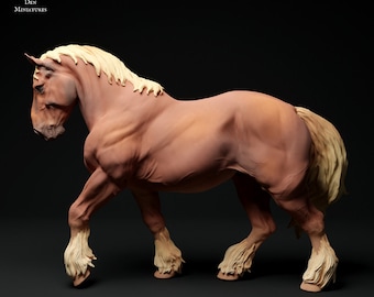 May include: A brown and white horse figurine with a long mane and tail. The horse is standing on all four legs and is facing to the right. The figurine is made of a smooth, painted material.