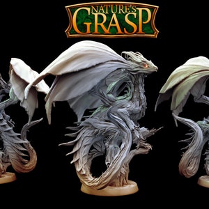 May include: A 3D printed miniature of a white dragon with green accents, posed on a tree branch. The dragon has large wings and a long tail. The miniature is part of the "Nature's Grasp" collection.