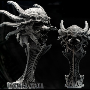 May include: A detailed, gray, 3D printed sculpture of a monstrous creature with sharp teeth and a long, segmented neck. The sculpture is 125mm tall.