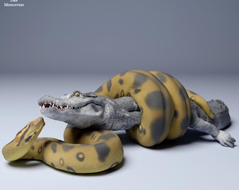 Black Caiman & Green Anaconda 1/24 Scale Realistic Animal Model | Decorative Display Piece | Beast Companion Figurine | Animal Den Miniature