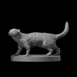 May include: A gray 3D printed figurine of a weasel standing on a round base.