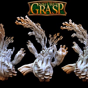 Puede incluir: Tres criaturas blancas, detalladas, en miniatura, con forma de árbol, con ramas y raíces, cada una con una pose diferente. Las criaturas están sobre un fondo negro. El texto "NATURE'S GRASP" está en una pancarta dorada sobre las criaturas.