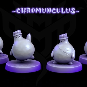 May include: Four small, gray, ceramic figurines of a creature resembling a bottle with a lid. Each figurine has a different pose and facial expression. The figurines are standing on small, purple bases. The text "CHROMUNCULUS" is written in purple above the figurines.