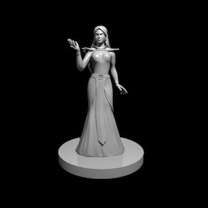 May include: A white 3D printed figurine of a woman wearing a long flowing gown and a decorative belt. She has long hair and is standing on a round base.