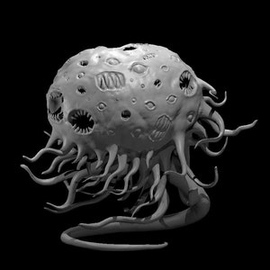 May include: A 3D printed model of a monstrous creature with a round, fleshy body covered in eyes and mouths. The creature has numerous tentacles extending from its body.